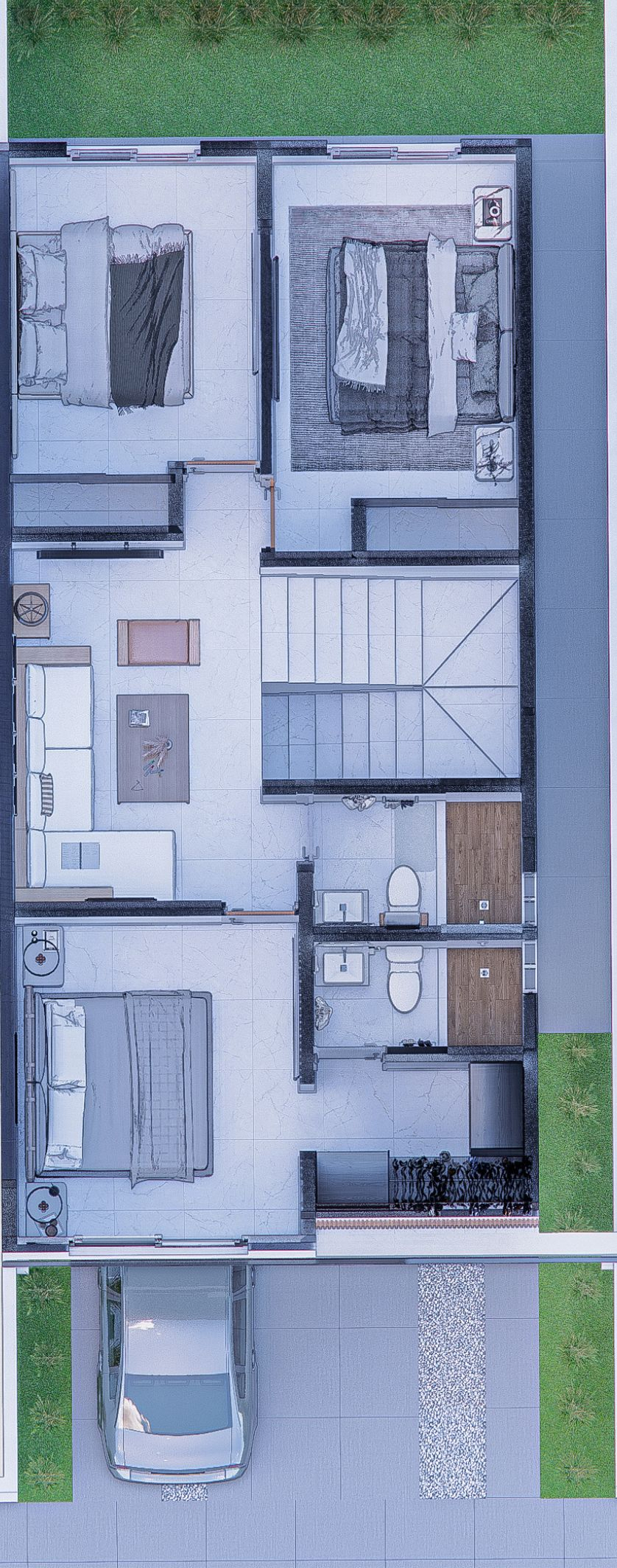 Modelo 2D de una casa con tres dormitorios y sala de estar, mostrando la planta alta de Modelo Aura de residencia Ángeles residencial en Chihuahua
