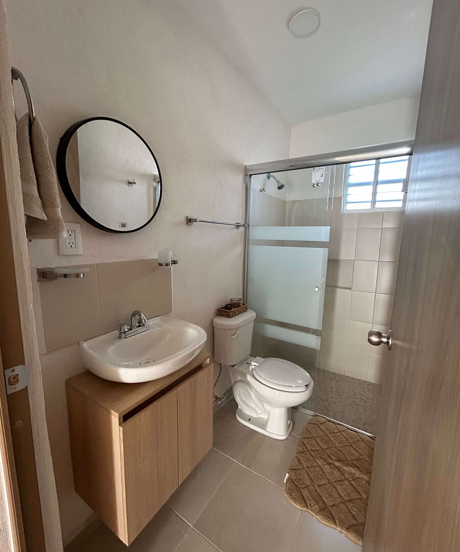 vista vertical de baño con lavamanos cajones toilet y regadera de casa modelo napa en desarrollo residencial paseos de los viñedos en el estado de Aguascalientes Mexico del desarrollo inmobiliario frindsa