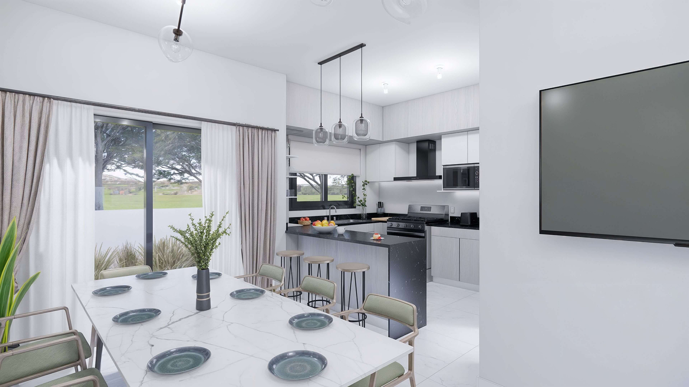 Espacio de cocina y comedor contemporáneo con televisor en la casa modelo Aura de la residencia Ángeles Residencial En Chihauhua