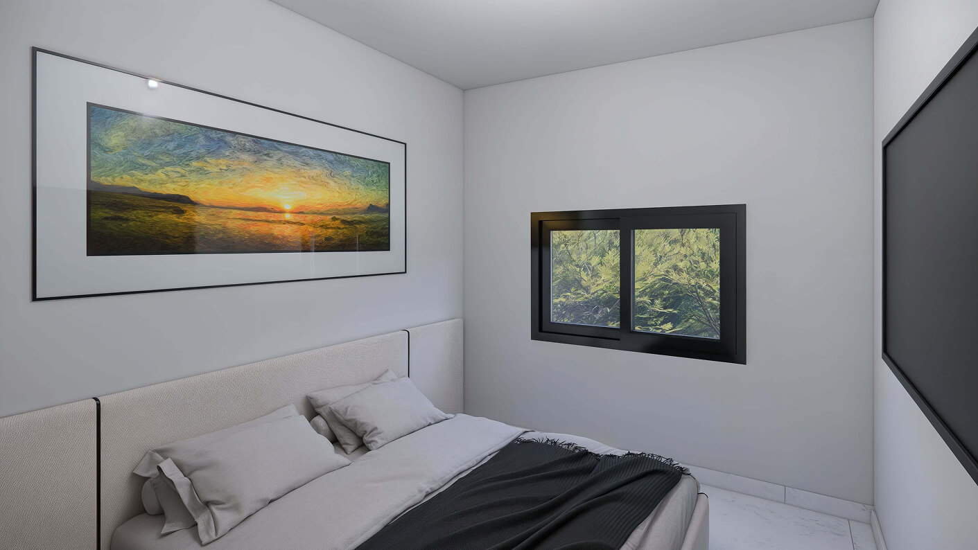 Habitacion 2 del modelo Aura, con cama y cuadro en la pared, en la residencia angeles, Chihuahua, Mexico