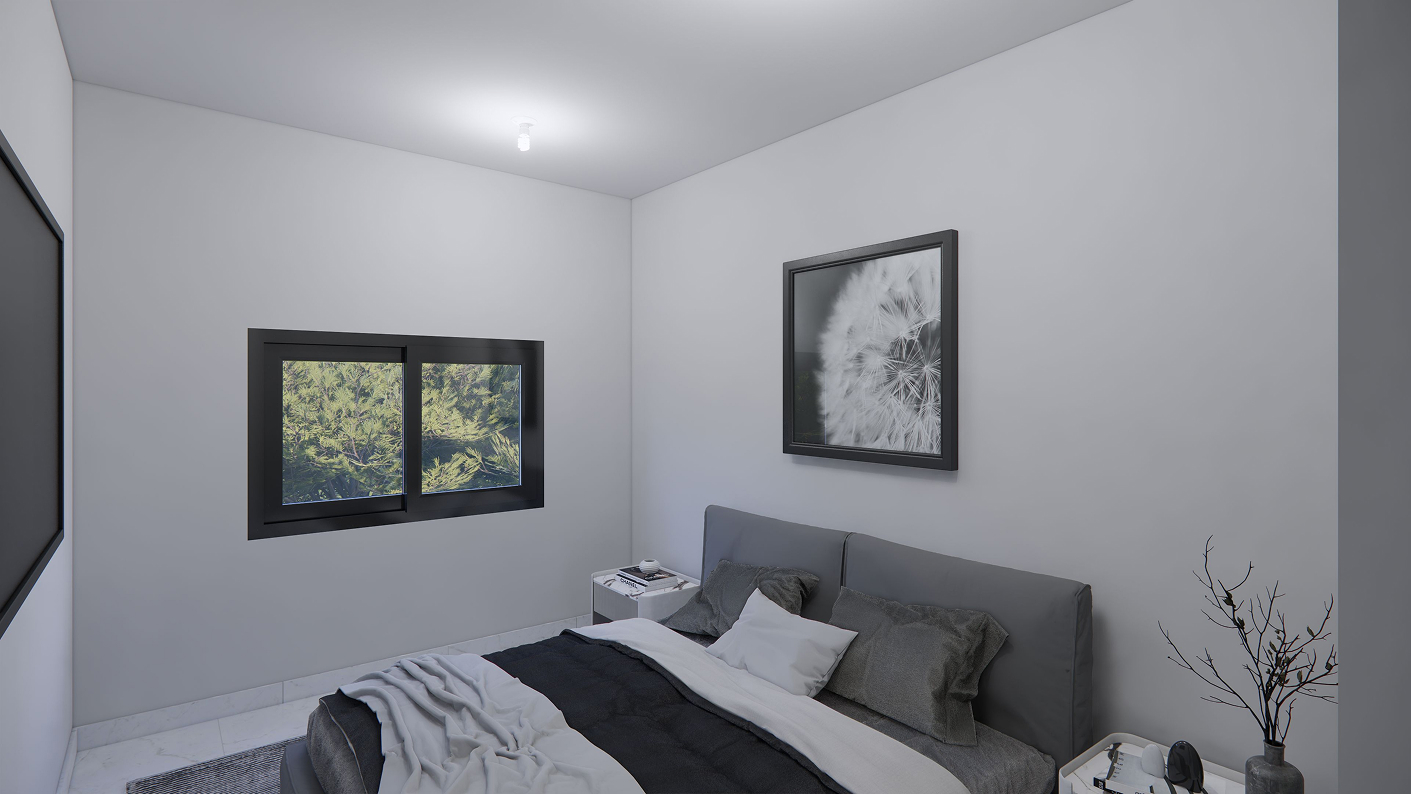 Recamara 3 de la casa modelo Aura, con cama y ventana, ubicada en el Residencial angeles, Chihuahua, Mexico.