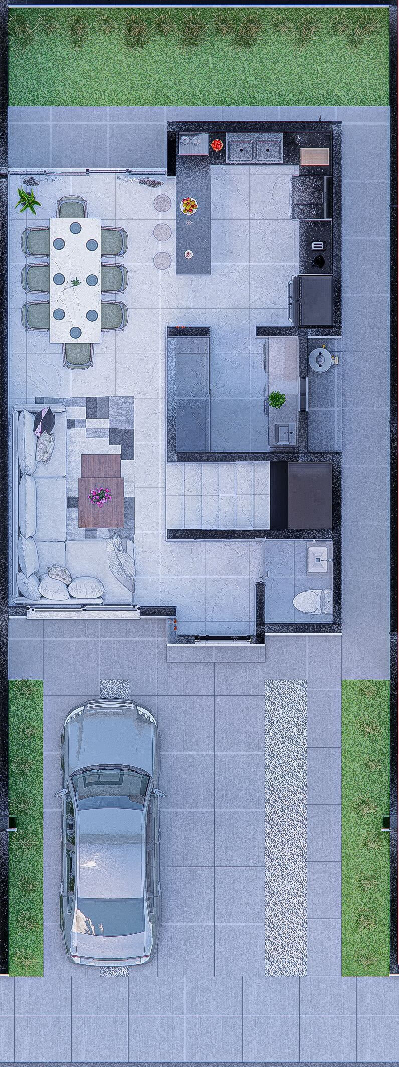 Representación 2D de la casa modelo Aura de la residencia Angeles Residencial en Chihuahua, mostrando la planta baja y un coche en el medio del espacio.