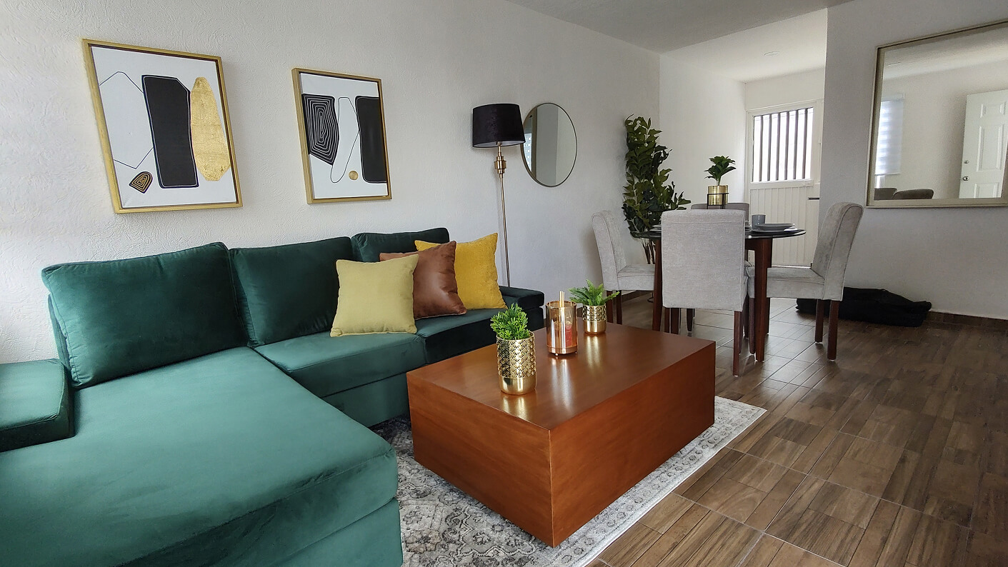 vista de sala y comedor de casa de modelo cipres en desarrollo residencial paseos del bosque en el estado de Aguascalientes Mexico frindsa