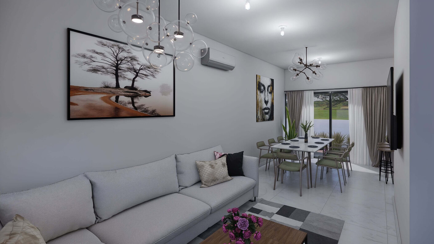 Sala moderna con comedor, mesa y sillas en la residencia Ángeles, Chihuahua, México.