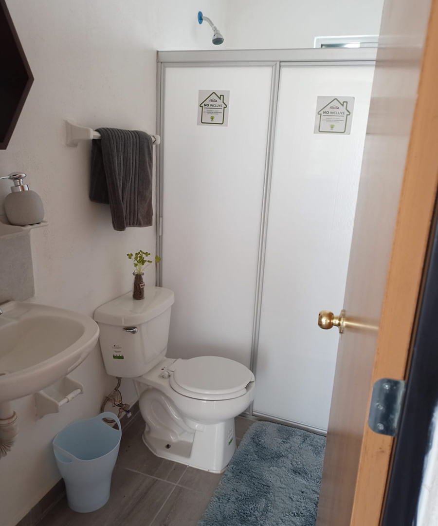 vista vertical de baño con lavamanos toilet regadera de casa modelo capri en desarrollo residencial paseos de la providencia en el estado de Aguascalientes Mexico del desarrollador inmobiliario frindsa