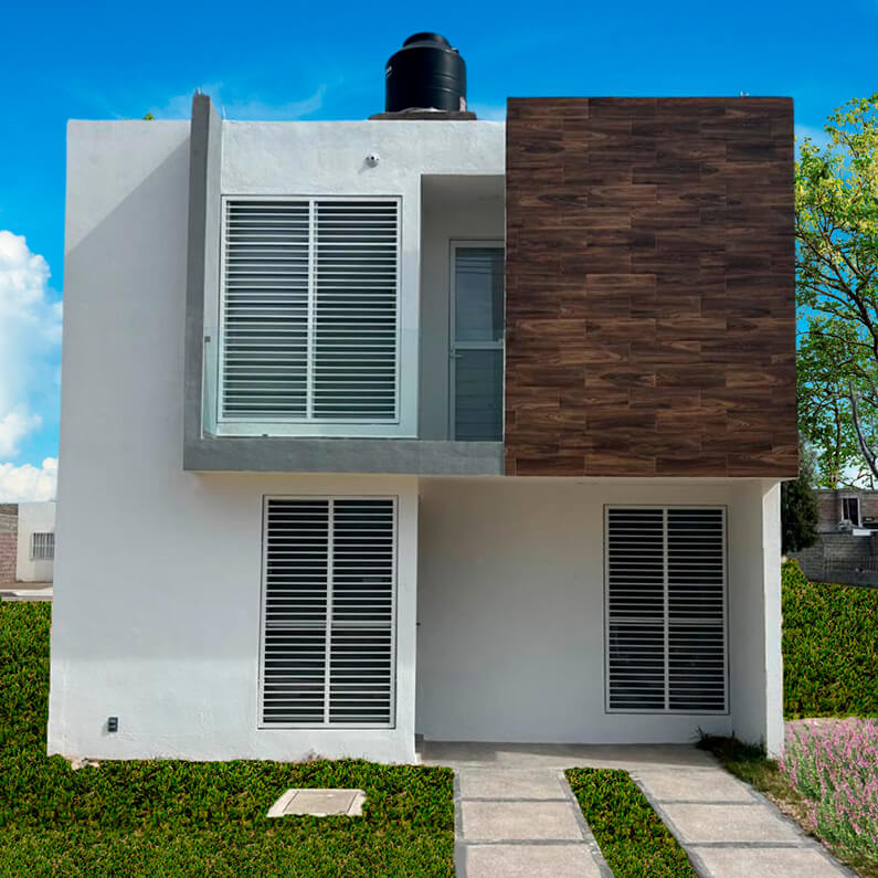 fachada vista desde fuera de casa modelo olivo en desarrollo paseos del bosque en el estado de Aguascalientes Mexico del desarrollador inmobiliario frindsa