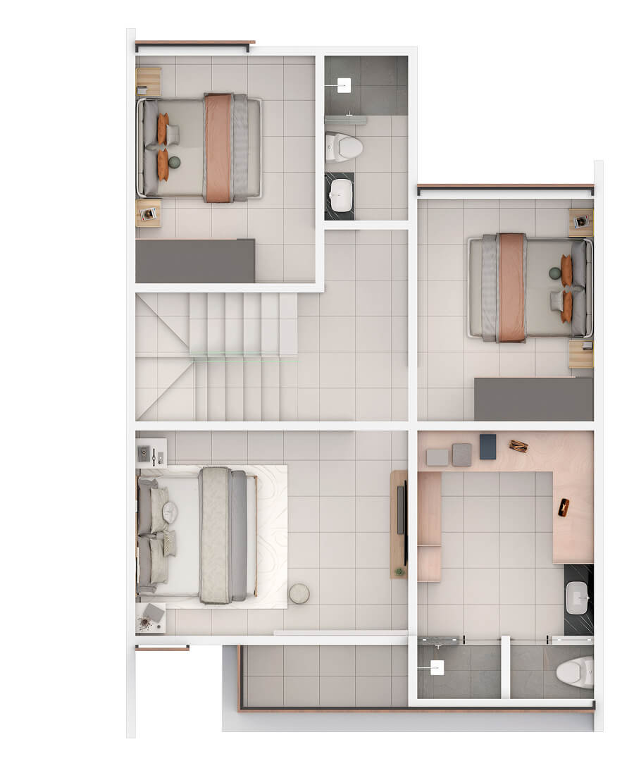 vista desde arriba, planos de planta alta de casa modelo Reforma I en desarrollo residencial reforma en el estado de Hidalgo Mexico del desarrollador inmobiliario frindsa