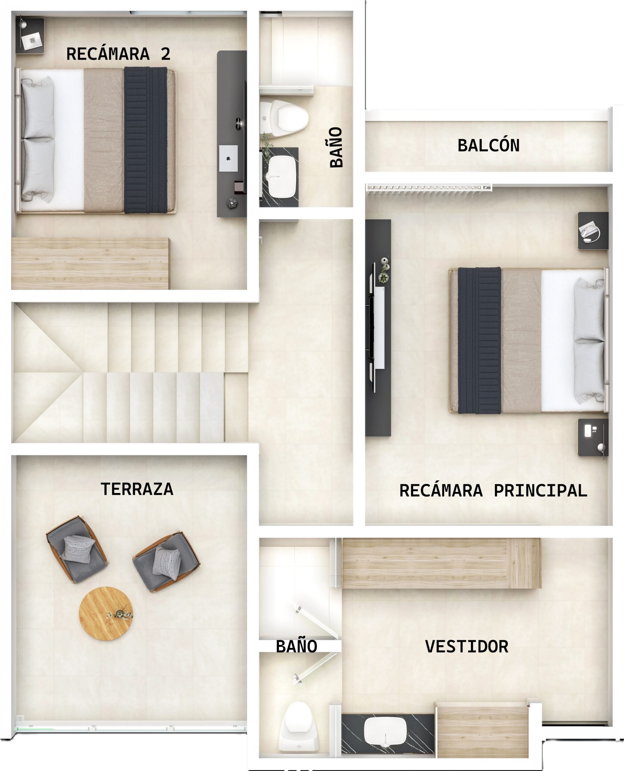 Modelo 2D de una casa con tres dormitorios y sala de estar, mostrando la planta alta de Modelo Aura de residencia Ángeles residencial en Chihuahua