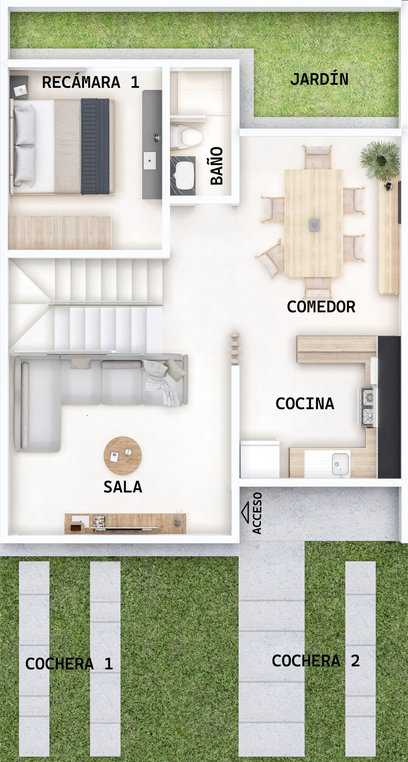 Representación 2D de la casa modelo Aura de la residencia Angeles Residencial en Chihuahua, mostrando la planta baja y un coche en el medio del espacio.