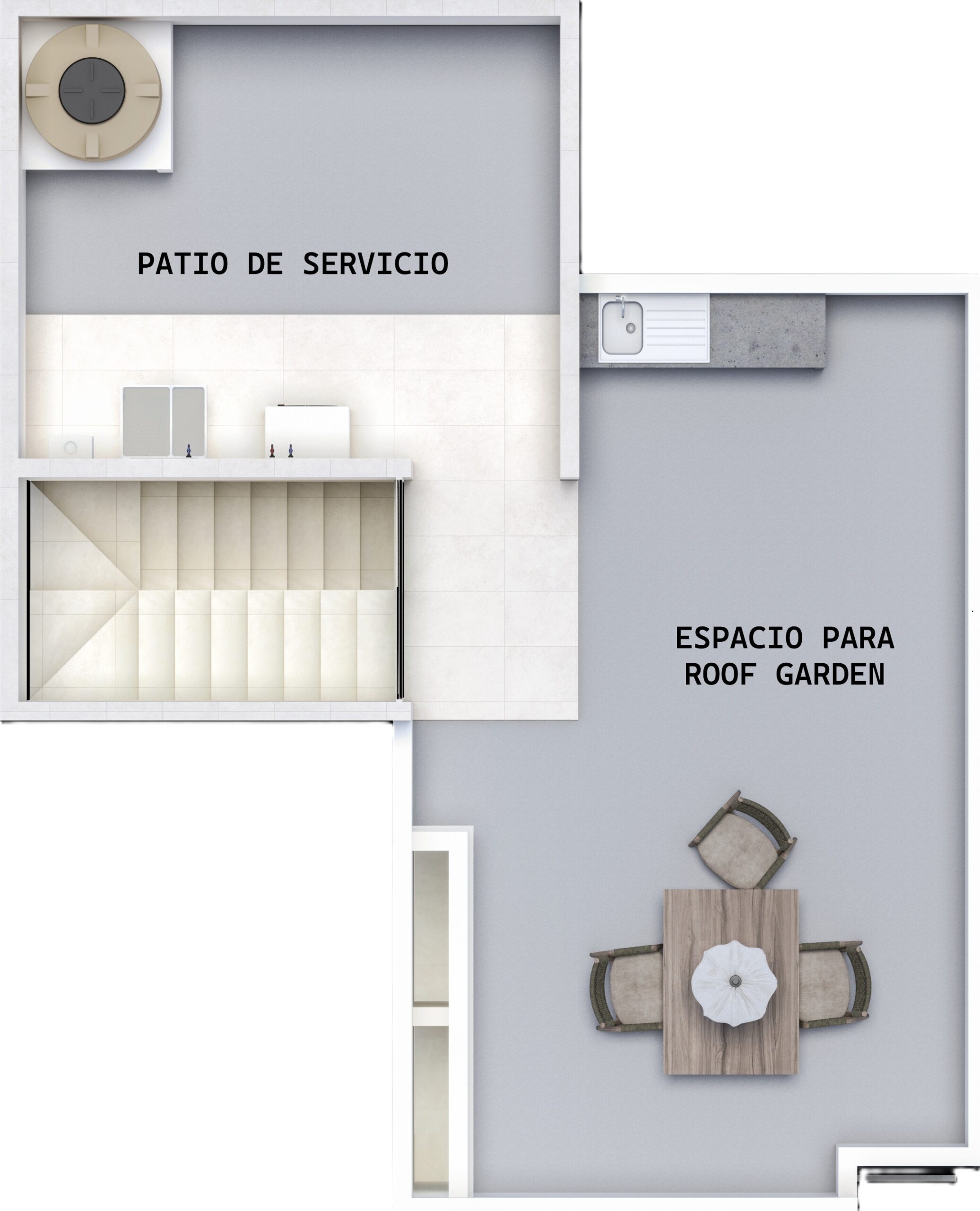 Modelo 2D de una casa con tres dormitorios y sala de estar, mostrando la planta alta de Modelo Aura de residencia Ángeles residencial en Chihuahua